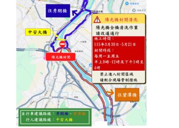 陽光橋 3/30 至 5/21 辦理橋體清洗     平日特定時段實施管制
