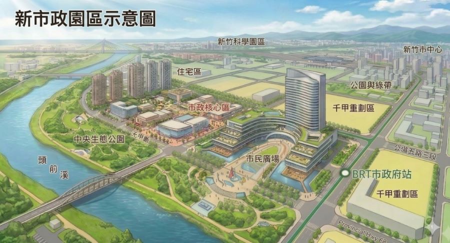 國民黨新竹市長參選人何志勇提出 「市區減壓」將設立新竹副都心:建立新市政園區,保留現在新竹市政府(原新竹州廳)作為新竹重要百年文化資產-新竹市新市政園區示意圖。(圖/何志勇競選總部)