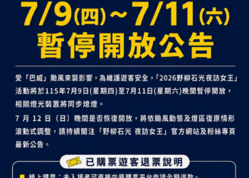 因應颱風巴威來襲「2026野柳石光夜訪女王」 7月9日至11日期間暫停開放　