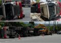 影音/疑因轉彎不慎翻車 曳引車駕駛受傷送醫