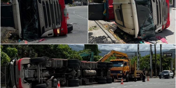影音/疑因轉彎不慎翻車 曳引車駕駛受傷送醫