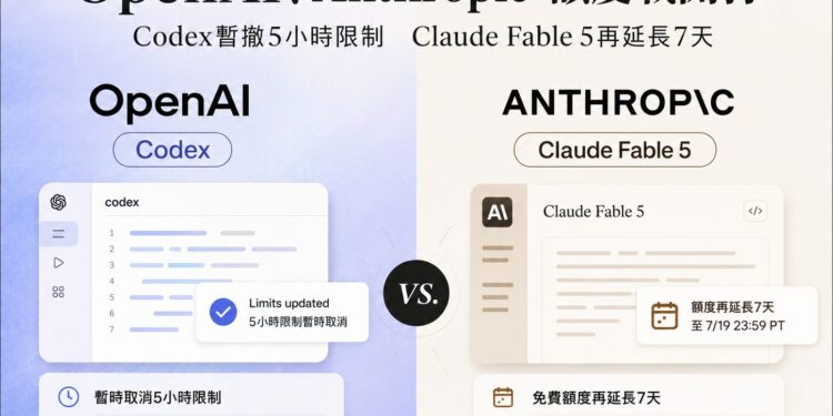 OpenAI、Anthropic 正面交鋒！Codex 暫時取消 5 小時限制　Claude Fable 5 再延長 7 天