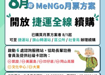 高雄市敬老、博愛卡8月1日起續購MeNGo月票 全線捷運站及旗山轉運站皆可辦理