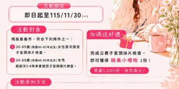 嘉義市推子宮頸抹片篩檢送好禮 鼓勵女性定期檢查守護健康
