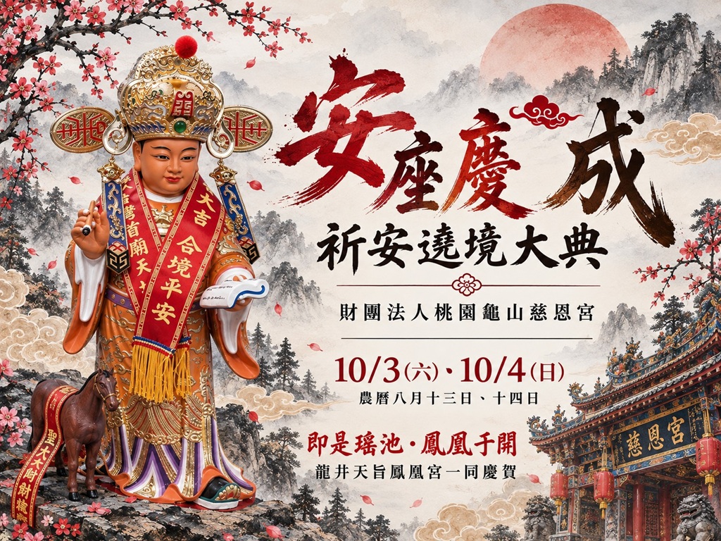台中龍井天旨鳳凰宮貴人星君受邀參與財團法人桃園龜山慈恩宮10月3日新廟祈安遶境,並由執事團隊隨行護駕,共同走入這場屬於神明與地方的年度盛事。